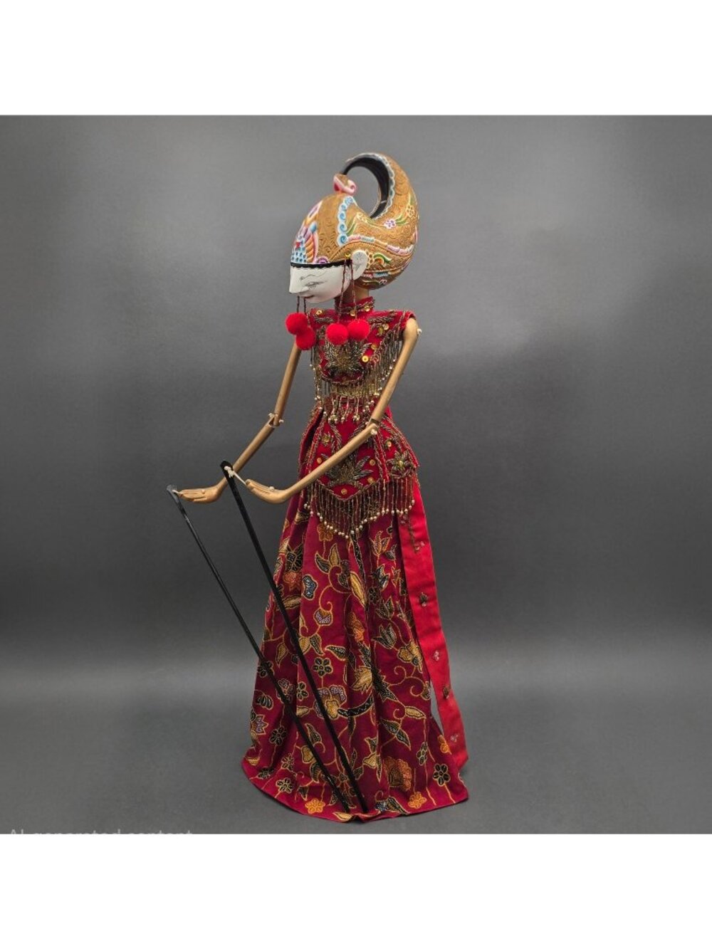 Vintage Indonesian Wayang Golek Arjuna Rod Puppet Carved Wood Batik 29" - Picture 1 of 15